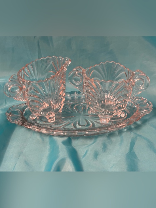 Other - Vintage Clear Glass Sugar & Creamer Set w/ Matching Tray – Shell Swirl Pattern